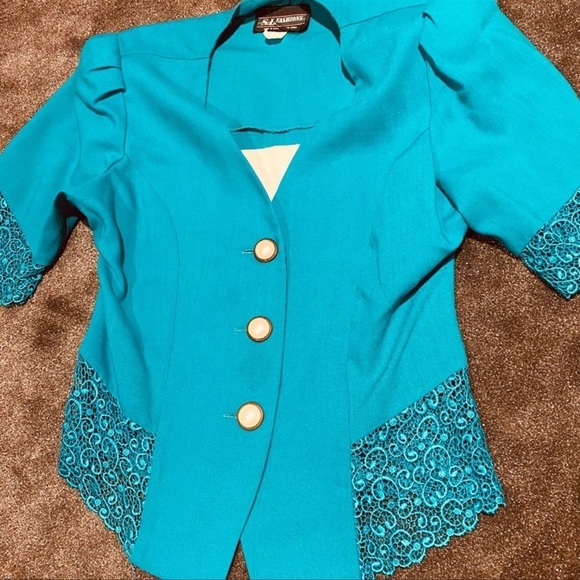 VINTAGE SL Fashions 2-piece skirt suit SET teal turquoise lace blazer 70s 80s - Picture 12 of 16
